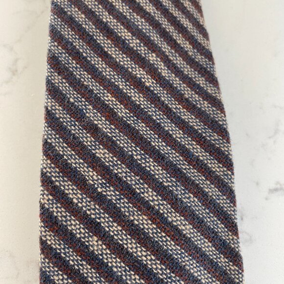 Harry Rosen Woven Textured Striped Wool Silk Blend Tie Tan Burgundy Blue Sz OS - Picture 6 of 7